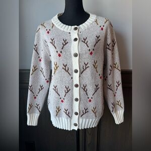 Cozy Cream Reindeer Button up Cardigan Sweater M